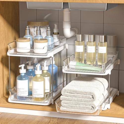 Delamu 2-Tier Multi-Purpose Bathroom Under Sink Organizers and Storage, Stackable Kitchen Pantry Organization, Pull Out Medicine Cabinet Organizer with Movable Dividers, White, 2 Pack - My Kitchen Products