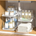 Delamu 2-Tier Multi-Purpose Bathroom Under Sink Organizers and Storage, Stackable Kitchen Pantry Organization, Pull Out Medicine Cabinet Organizer with Movable Dividers, White, 2 Pack - My Kitchen Products