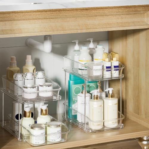 Delamu 2-Tier Under Sink Organizers and Storage, Multi-Purpose Stackable Bathroom Cabinet organizers, Pull Out Kitchen Pantry Organization and Storage with Dividers(2 Pack, Clear) - My Kitchen Products