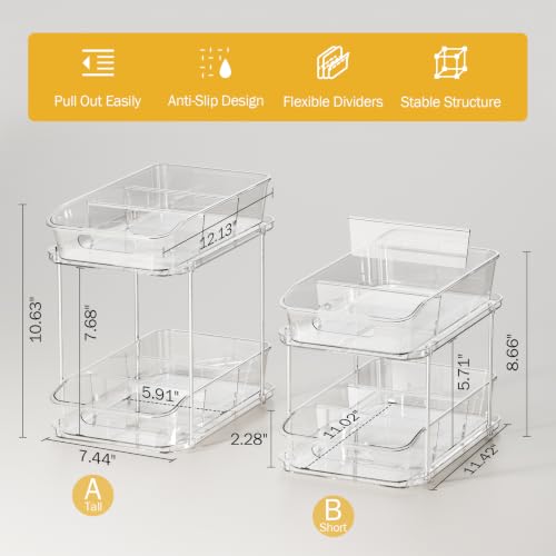 Delamu 2-Tier Under Sink Organizers and Storage, Multi-Purpose Stackable Bathroom Cabinet organizers, Pull Out Kitchen Pantry Organization and Storage with Dividers(2 Pack, Clear) - My Kitchen Products