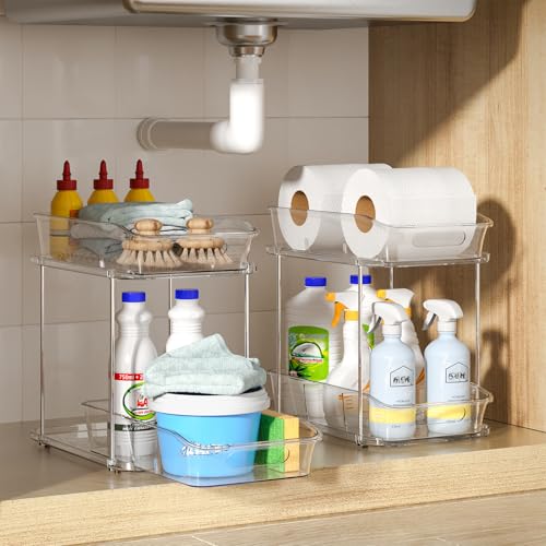 Delamu 2-Tier Under Sink Organizers and Storage, Multi-Purpose Stackable Bathroom Cabinet organizers, Pull Out Kitchen Pantry Organization and Storage with Dividers(2 Pack, Clear) - My Kitchen Products