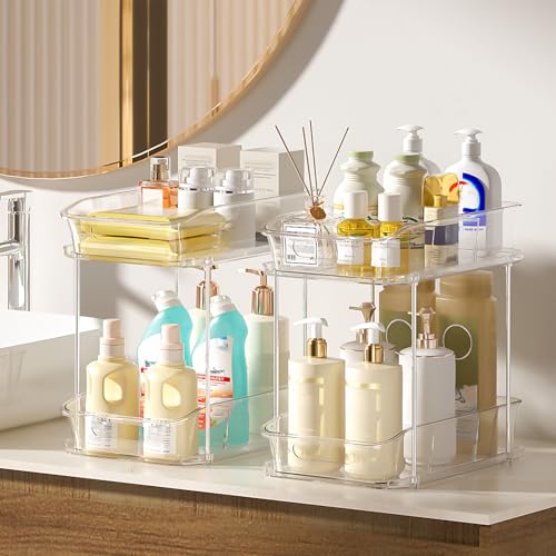 Delamu 2-Tier Under Sink Organizers and Storage, Multi-Purpose Stackable Bathroom Cabinet organizers, Pull Out Kitchen Pantry Organization and Storage with Dividers(2 Pack, Clear) - My Kitchen Products