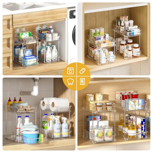 Delamu 2-Tier Under Sink Organizers and Storage, Multi-Purpose Stackable Bathroom Cabinet organizers, Pull Out Kitchen Pantry Organization and Storage with Dividers(2 Pack, Clear) - My Kitchen Products
