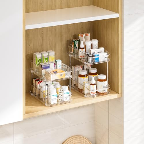 Delamu 2-Tier Under Sink Organizers and Storage, Multi-Purpose Stackable Bathroom Cabinet organizers, Pull Out Kitchen Pantry Organization and Storage with Dividers(2 Pack, Clear) - My Kitchen Products