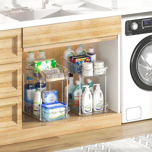 Delamu 2-Tier Under Sink Organizers and Storage, Multi-Purpose Stackable Bathroom Cabinet organizers, Pull Out Kitchen Pantry Organization and Storage with Dividers(2 Pack, Clear) - My Kitchen Products