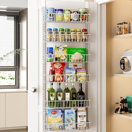 Delamu Adjustable Cabinet Door Organizer, 6-Tier Hanging Spice Rack Organizer, Metal Over the Door Pantry