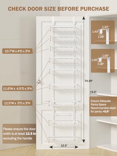 Delamu Narrow 9-Tier Over the Door Pantry Organizer, Adjustable Pantry Storage, Metal Hanging Spice Rack, Cabinet Door Organizer for Kitchen, Bathroom, Laundry Room, 12.5" White - My Kitchen Products
