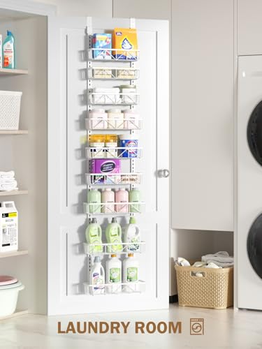 Delamu Narrow 9-Tier Over the Door Pantry Organizer, Adjustable Pantry Storage, Metal Hanging Spice Rack, Cabinet Door Organizer for Kitchen, Bathroom, Laundry Room, 12.5" White - My Kitchen Products