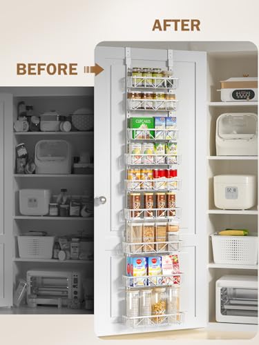 Delamu Narrow 9-Tier Over the Door Pantry Organizer, Adjustable Pantry Storage, Metal Hanging Spice Rack, Cabinet Door Organizer for Kitchen, Bathroom, Laundry Room, 12.5" White - My Kitchen Products