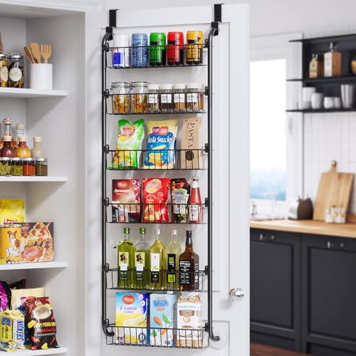 Delamu Over the Door Pantry Organizer, 6-Tier Metal Pantry Door Organization and Storage, Hanging Kitchen Basket Spice Rack
