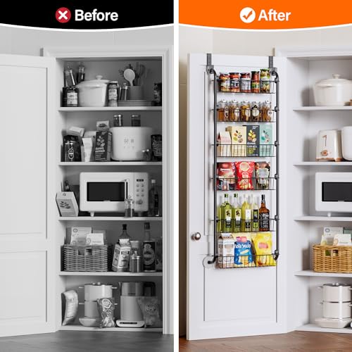 Delamu Over the Door Pantry Organizer, 6-Tier Metal Pantry Door Organization and Storage, Hanging Kitchen Basket Spice Rack Seasoning Shelves, Cabinet Door Organizer for Easy Install,D5xW18xH50inch - My Kitchen Products