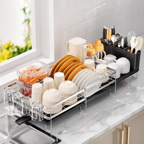 Delamu Stainless Steel Dish Drying Rack, Expandable Dish Drainer, Anti-Rust Large Dish Racks for Kitchen Counter, Dish Strainers with Drainboard, Utensil & Cup Holder, 13.4"-28.7" L x 11.8" W, Silver - My Kitchen Products