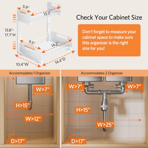 Delamu Under Sink Organizer 2 Pack, Pull Out Cabinet Organizer for Kitchen Sink, 2 Tier Metal Slide Out Shelf Caddy for Bathroom Storage, 5 Adjustable Heights for Pantry & Laundry Room, White - My Kitchen Products