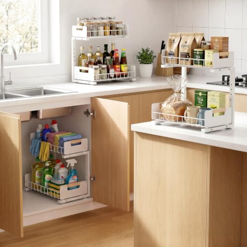 Delamu Under Sink Organizer 2 Pack, Pull Out Cabinet Organizer for Kitchen Sink, 2 Tier Metal Slide Out Shelf Caddy for Bathroom Storage, 5 Adjustable Heights for Pantry & Laundry Room, White - My Kitchen Products