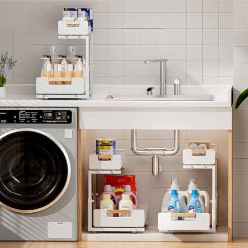 Delamu Under Sink Organizer 2 Pack, Pull Out Cabinet Organizer for Kitchen Sink, 2 Tier Metal Slide Out Shelf Caddy for Bathroom Storage, 5 Adjustable Heights for Pantry & Laundry Room, White - My Kitchen Products