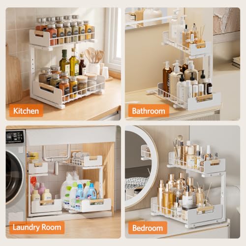 Delamu Under Sink Organizer 2 Pack, Pull Out Cabinet Organizer for Kitchen Sink, 2 Tier Metal Slide Out Shelf Caddy for Bathroom Storage, 5 Adjustable Heights for Pantry & Laundry Room, White - My Kitchen Products