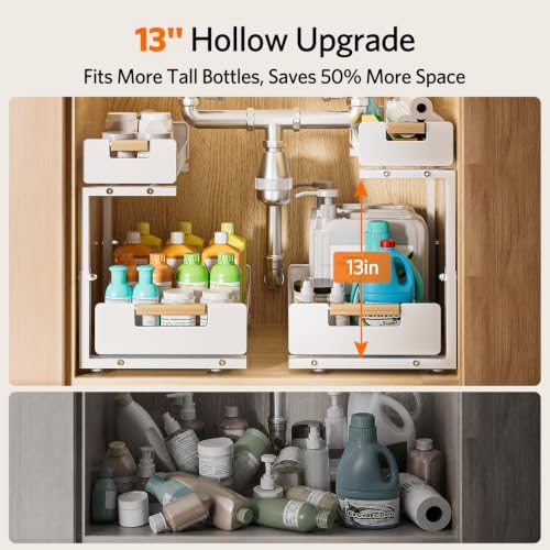 Delamu Under Sink Organizer 2 Pack, Pull Out Cabinet Organizer for Kitchen Sink, 2 Tier Metal Slide Out Shelf Caddy for Bathroom Storage, 5 Adjustable Heights for Pantry & Laundry Room, White - My Kitchen Products
