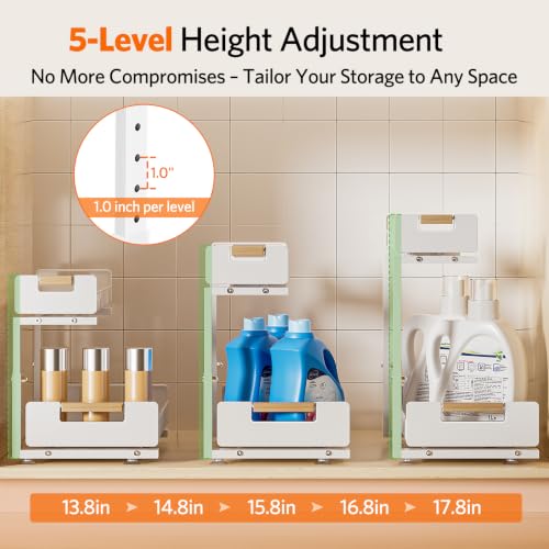 Delamu Under Sink Organizer 2 Pack, Pull Out Cabinet Organizer for Kitchen Sink, 2 Tier Metal Slide Out Shelf Caddy for Bathroom Storage, 5 Adjustable Heights for Pantry & Laundry Room, White - My Kitchen Products