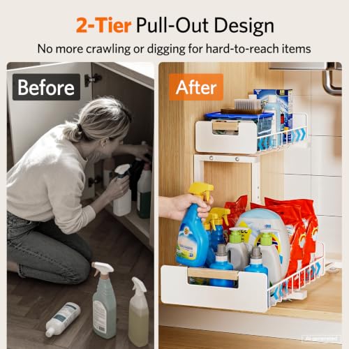 Delamu Under Sink Organizer 2 Pack, Pull Out Cabinet Organizer for Kitchen Sink, 2 Tier Metal Slide Out Shelf Caddy for Bathroom Storage, 5 Adjustable Heights for Pantry & Laundry Room, White - My Kitchen Products