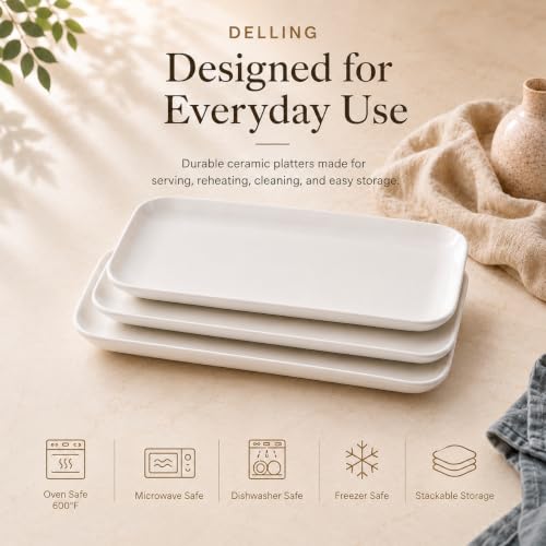 DELLING 16 Inch Large Serving Platter Set of 3, White Porcelain Platters for Serving Food - Rectangular Serving Trays for Party Entertaining, Oven Safe to 590°F, Dinnerware - My Kitchen Products