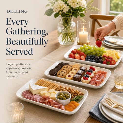 DELLING 16 Inch Large Serving Platter Set of 3, White Porcelain Platters for Serving Food - Rectangular Serving Trays for Party Entertaining, Oven Safe to 590°F, Dinnerware - My Kitchen Products