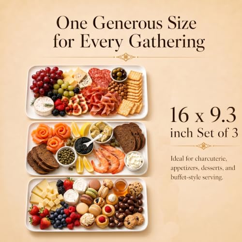 DELLING 16 Inch Large Serving Platter Set of 3, White Porcelain Platters for Serving Food - Rectangular Serving Trays for Party Entertaining, Oven Safe to 590°F, Dinnerware - My Kitchen Products