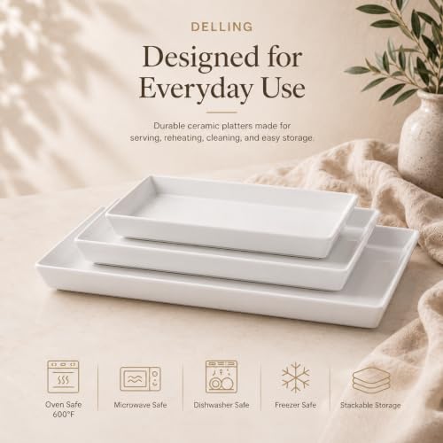 Delling Large Serving Platter, 16/14/12 Inch Rectangular Serving Trays for Serving Food, Serving Tray for Party - Set of 3, White - My Kitchen Products