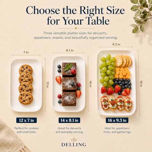 DELLING Large Serving Platter Set of 3, 16/14/12 Inch Porcelain Serving Trays for Party - White Ceramic Rectangular Platters for Entertaining, Appetizer Fruit Tray for Father's Day Shower Dinner - My Kitchen Products