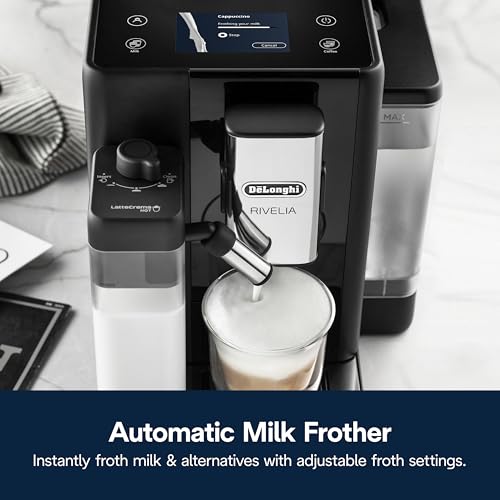 De'Longhi Rivelia Automatic Espresso Machine with Grinder & Milk Frother – All-in-One Coffee Maker, Hot & Iced Latte, Cappuccino, Bean Switch System, Burr Grinder, Compact Italian Design, Black - My Kitchen Products