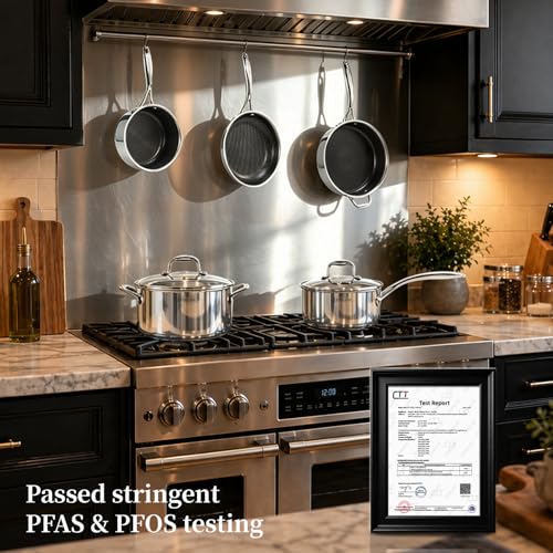 Deluxe 13 Piece Hybrid Ceramic Nonstick Stainless Steel Cookware Set-5 Piece Frying Pan Set, 6 PC Pot Set, 3.7QT Deep Sauté Pan&Lid, Induction Ready, Stay Cool, PFOA Free Compatible with All Cooktops - My Kitchen Products