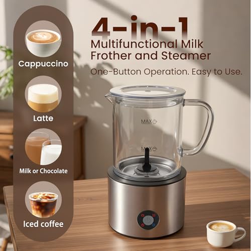 Detachable Milk Frother, 4 in 1 Milk Frother and Steamer, Dishwasher Safe, Glass Frother 16.9oz Warm and Cold Foam Maker, Electric Milk Frother for Coffee, Latte, Hot Chocolate (Silver) - My Kitchen Products