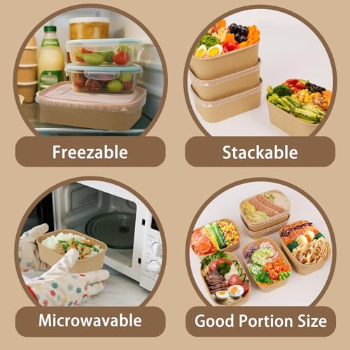DeziWood 50 Pack 25 oz Paper Food Containers with Lids, Meal Prep Containers Disposable Large Paper Bowls, Microwavable and Freezer Storage Use Cardboard Food Containers - My Kitchen Products