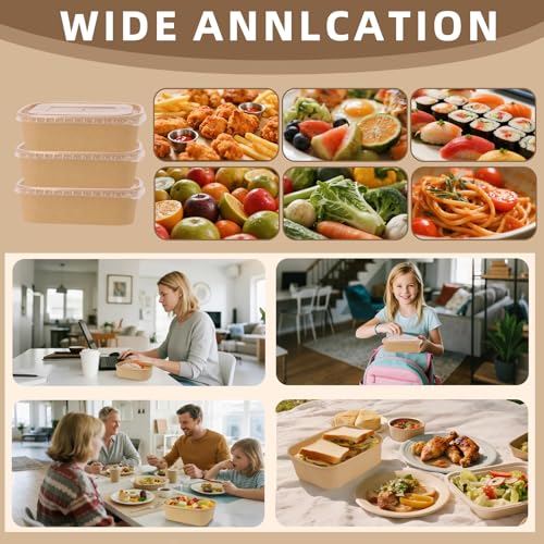 DeziWood 50 Pack 25 oz Paper Food Containers with Lids, Meal Prep Containers Disposable Large Paper Bowls, Microwavable and Freezer Storage Use Cardboard Food Containers - My Kitchen Products