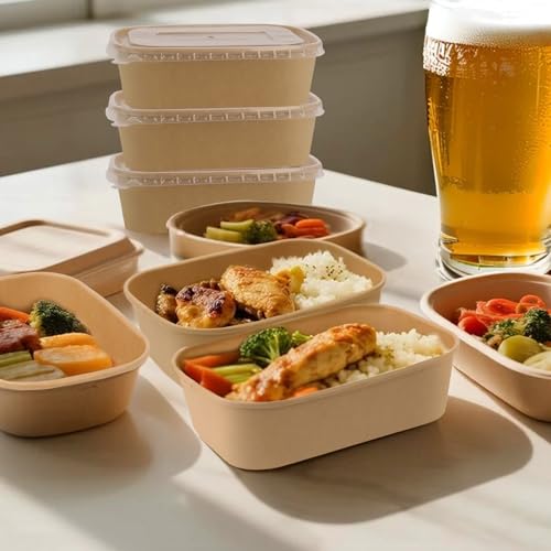 DeziWood 50 Pack 25 oz Paper Food Containers with Lids, Meal Prep Containers Disposable Large Paper Bowls, Microwavable and Freezer Storage Use Cardboard Food Containers - My Kitchen Products