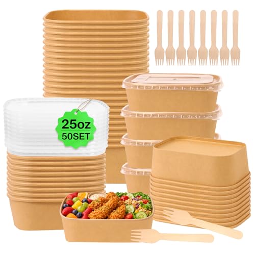 DeziWood 50 Pack 25 oz Paper Food Containers with Lids, Meal Prep Containers Disposable Large Paper Bowls, Microwavable and Freezer Storage Use Cardboard Food Containers - My Kitchen Products