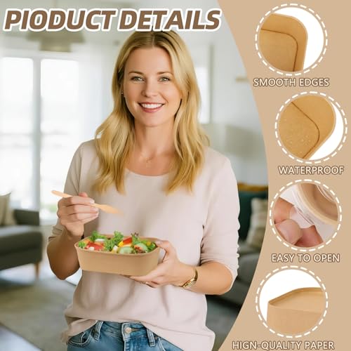 DeziWood 50 Pack 25 oz Paper Food Containers with Lids, Meal Prep Containers Disposable Large Paper Bowls, Microwavable and Freezer Storage Use Cardboard Food Containers - My Kitchen Products