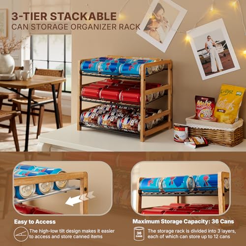 DGWJSU Can Organizer for Pantry 3-Tier, Can Storage Organizer Pantry, Soda Can Organizer, Holds up to 36 Cans Holders for Pantry, Cabinet, Countertop, Carbonized Brown - My Kitchen Products