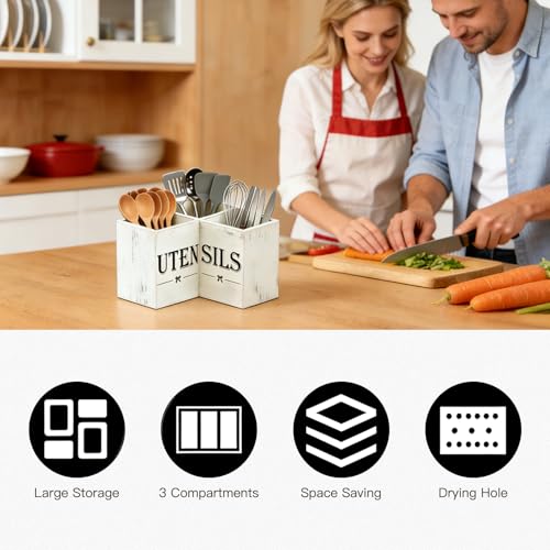 DHSUN Extra Large Utensil Holder with 3 Compartments, Wooden Farmhouse Utensil Holder for Kitchen Countertop, Storing Tableware, Farmhouse Decor (Distressed White) - My Kitchen Products