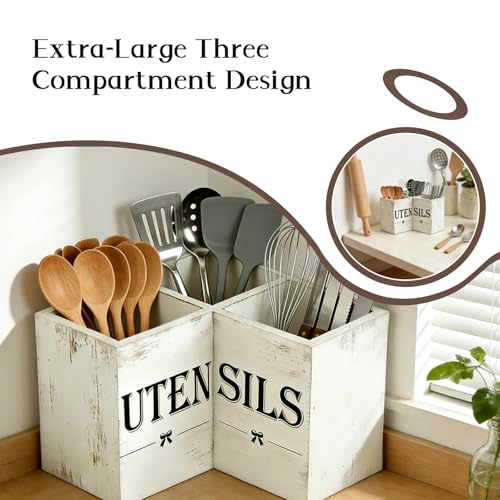DHSUN Extra Large Utensil Holder with 3 Compartments, Wooden Farmhouse Utensil Holder for Kitchen Countertop, Storing Tableware, Farmhouse Decor (Distressed White) - My Kitchen Products