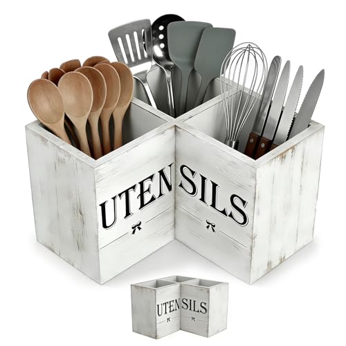 DHSUN Extra Large Utensil Holder with 3 Compartments, Wooden Farmhouse Utensil Holder for Kitchen