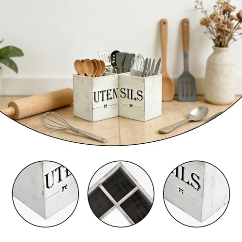 DHSUN Extra Large Utensil Holder with 3 Compartments, Wooden Farmhouse Utensil Holder for Kitchen Countertop, Storing Tableware, Farmhouse Decor (Distressed White) - My Kitchen Products