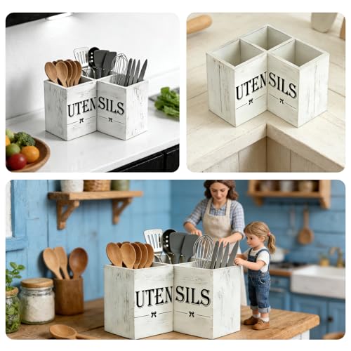 DHSUN Extra Large Utensil Holder with 3 Compartments, Wooden Farmhouse Utensil Holder for Kitchen Countertop, Storing Tableware, Farmhouse Decor (Distressed White) - My Kitchen Products