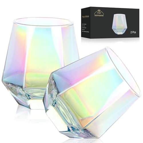 DIEWEISIMI Wine Glasses Set of 2, Diamond Stemless Wine Glasses - Iridescent Glassware