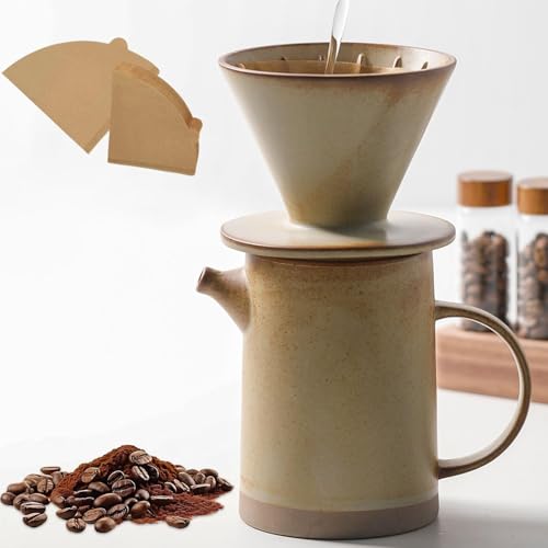 DIF DECO Pour Over Coffee Maker Set Vintage Ceramic Pour Over Coffee Dripper Set with 20 Count Paper Coffee Filters,for Home