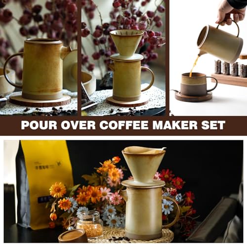 DIF DECO Pour Over Coffee Maker Set Vintage Ceramic Pour Over Coffee Dripper Set with 20 Count Paper Coffee Filters,for Home Café Restaurant Camping,15.8 Ounces(Yellow) - My Kitchen Products