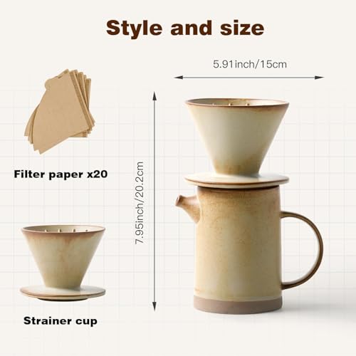 DIF DECO Pour Over Coffee Maker Set Vintage Ceramic Pour Over Coffee Dripper Set with 20 Count Paper Coffee Filters,for Home Café Restaurant Camping,15.8 Ounces(Yellow) - My Kitchen Products