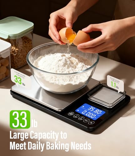 Digital Dual Platform Kitchen Scale, 33 lb Large & 1.1 lb Mini Food Scale with Dual-Line LCD Display, Stainless Steel, High Precision for Baking, Cooking, and Meal Prep - My Kitchen Products