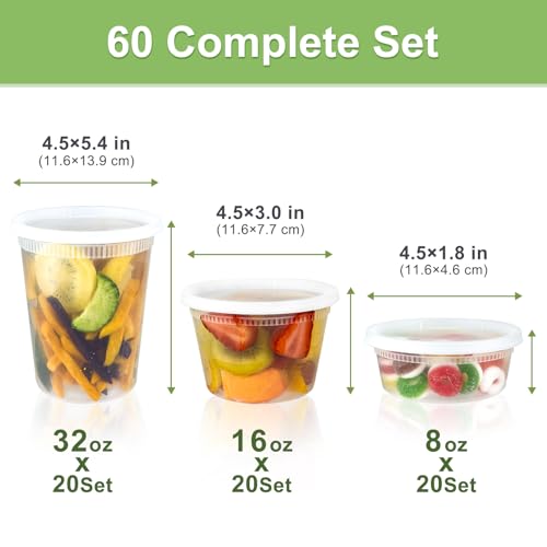 Dipoo 60 Sets (120-Piece) Deli Containers with Lids, 32/16/8 oz X 20 Set Each, Leak-Proof & BPA Free Airtight Takeout Plastic Food Storage Containers for Soup, Freezer/Microwave/Dishwasher Safe - My Kitchen Products