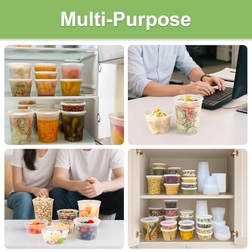Dipoo 60 Sets (120-Piece) Deli Containers with Lids, 32/16/8 oz X 20 Set Each, Leak-Proof & BPA Free Airtight Takeout Plastic Food Storage Containers for Soup, Freezer/Microwave/Dishwasher Safe - My Kitchen Products