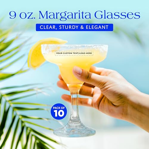 DISCOUNT PROMOS 10 Margarita Glasses Set, 9 oz. - Personalized Text, Logo - Classic, Smooth, Barware, Glassware - Clear - My Kitchen Products